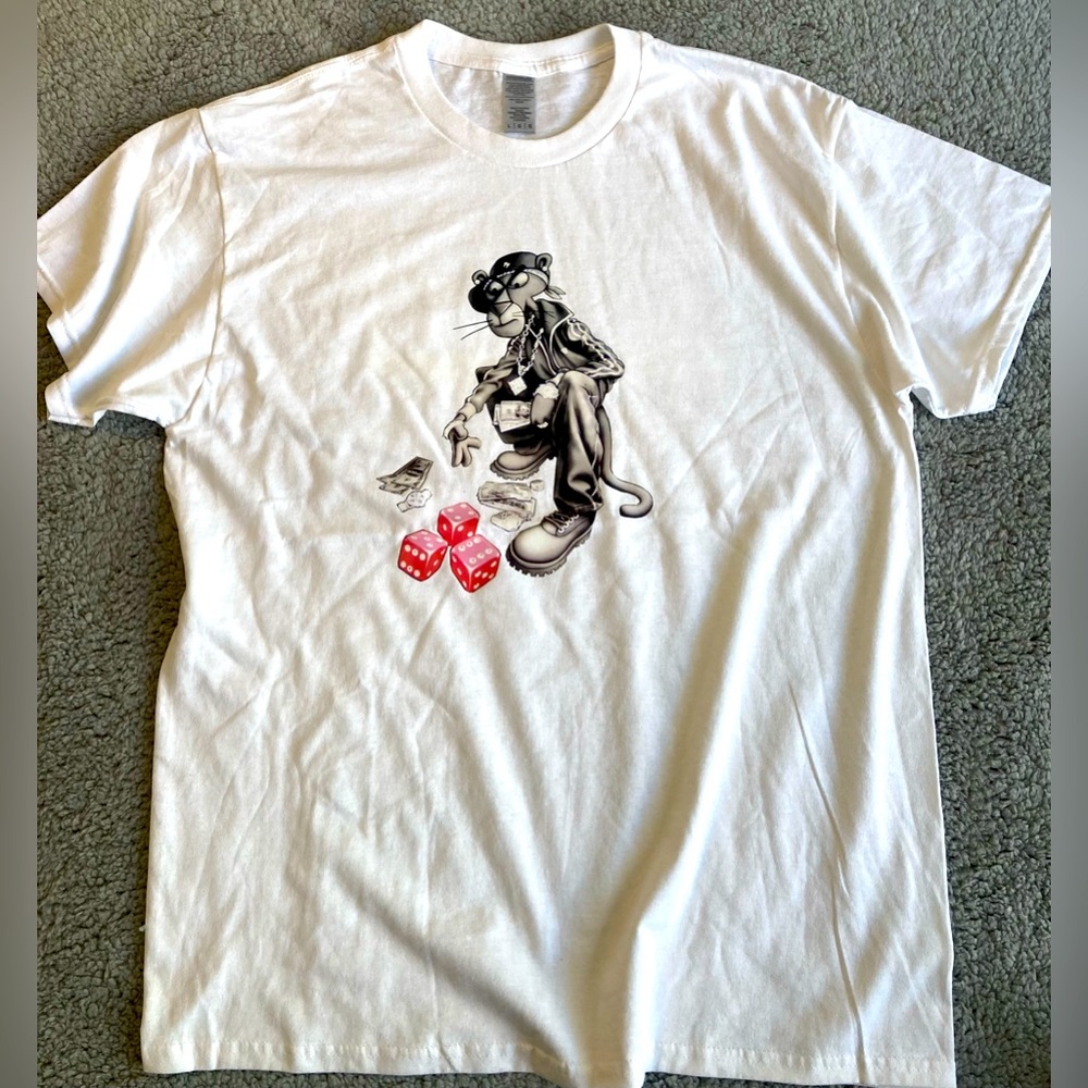 Pink Panther Dice Game CashOut Rolling Pink Dice Men’s White Tee NWT